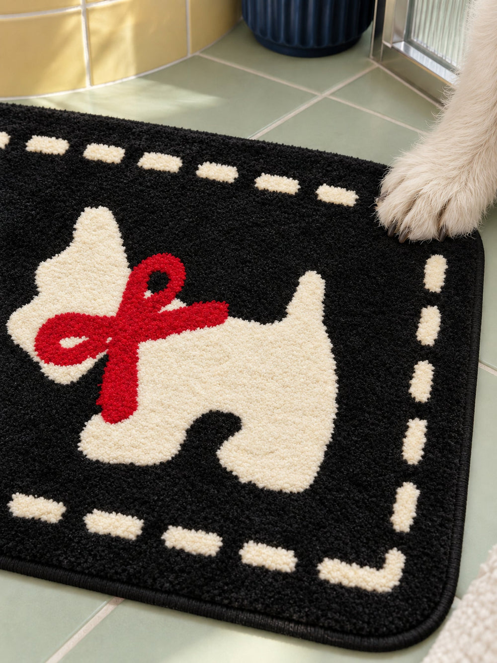 Bowtie Terrier Black & White Bath Mat — surface detail