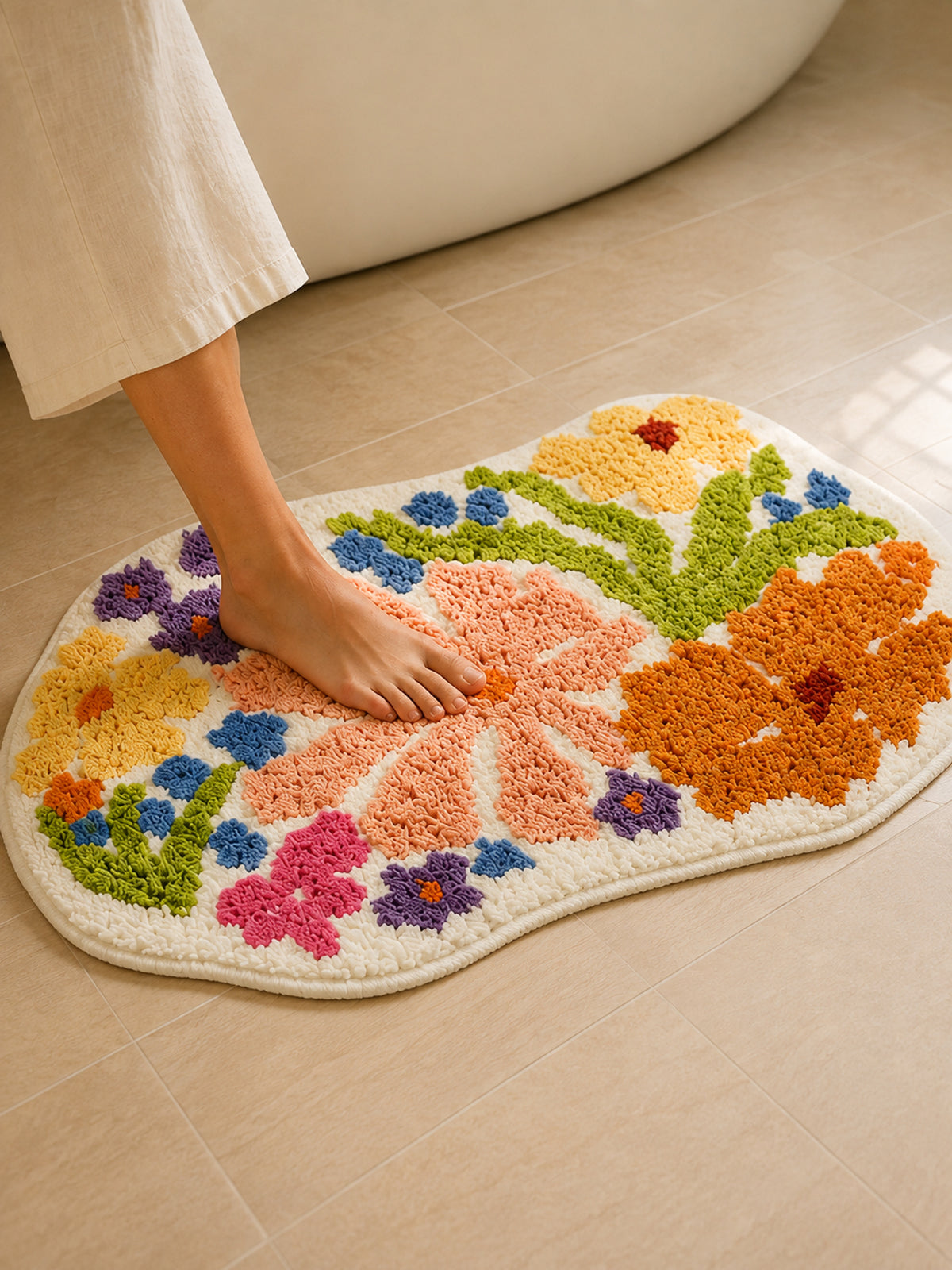 Spring Meadow Colorful Floral Bath Mat — Bathroom close-up