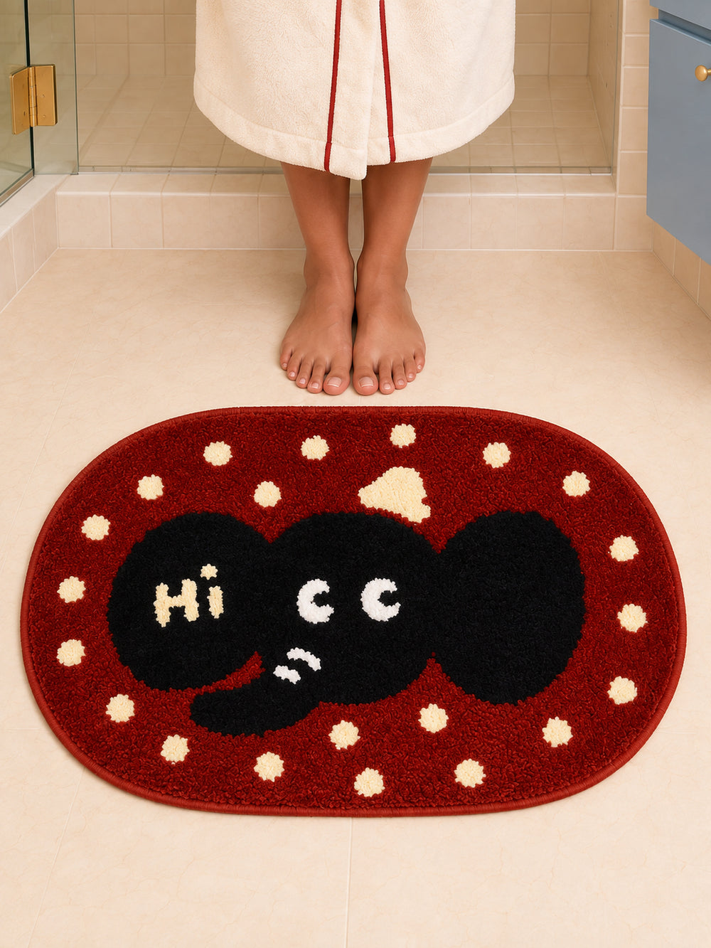 Hello Elephant Polka-Dot Bath Mat — Bathroom close-up