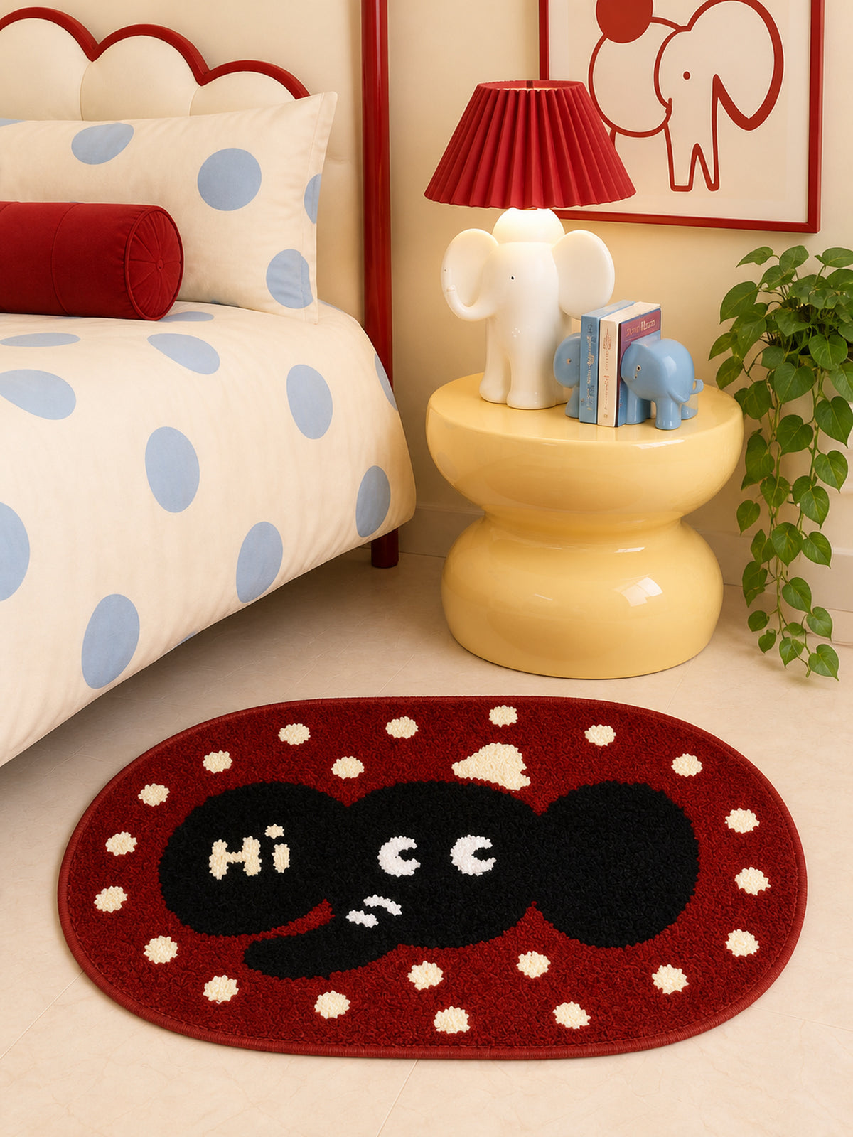 Hello Elephant Polka-Dot Bath Mat — Bedside close-up