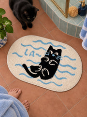 Poolside Black Cat Oval Bath Mat — bathroom context detail