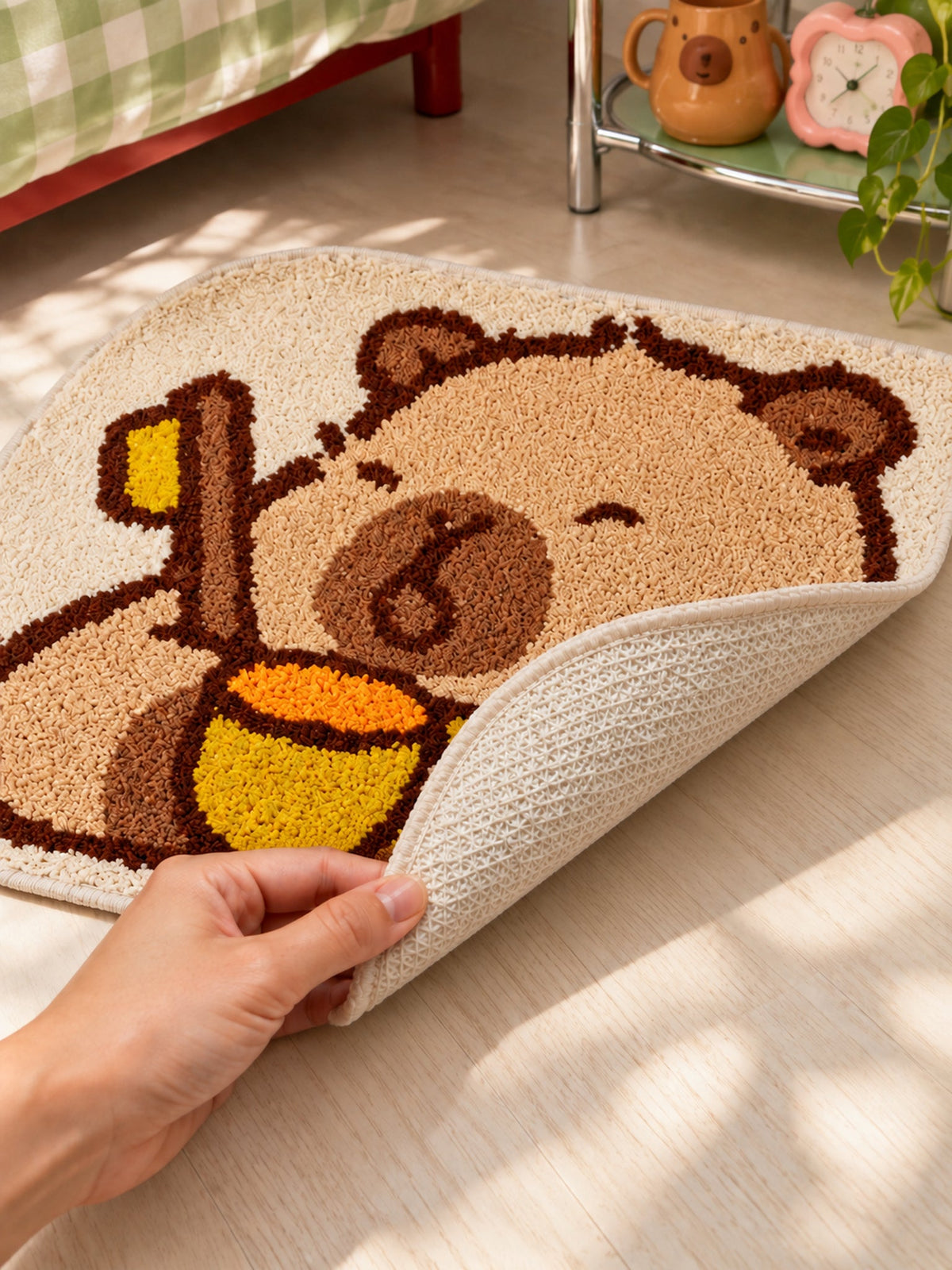 Capybara Morning Brush Shaped Bath Mat — backing detail