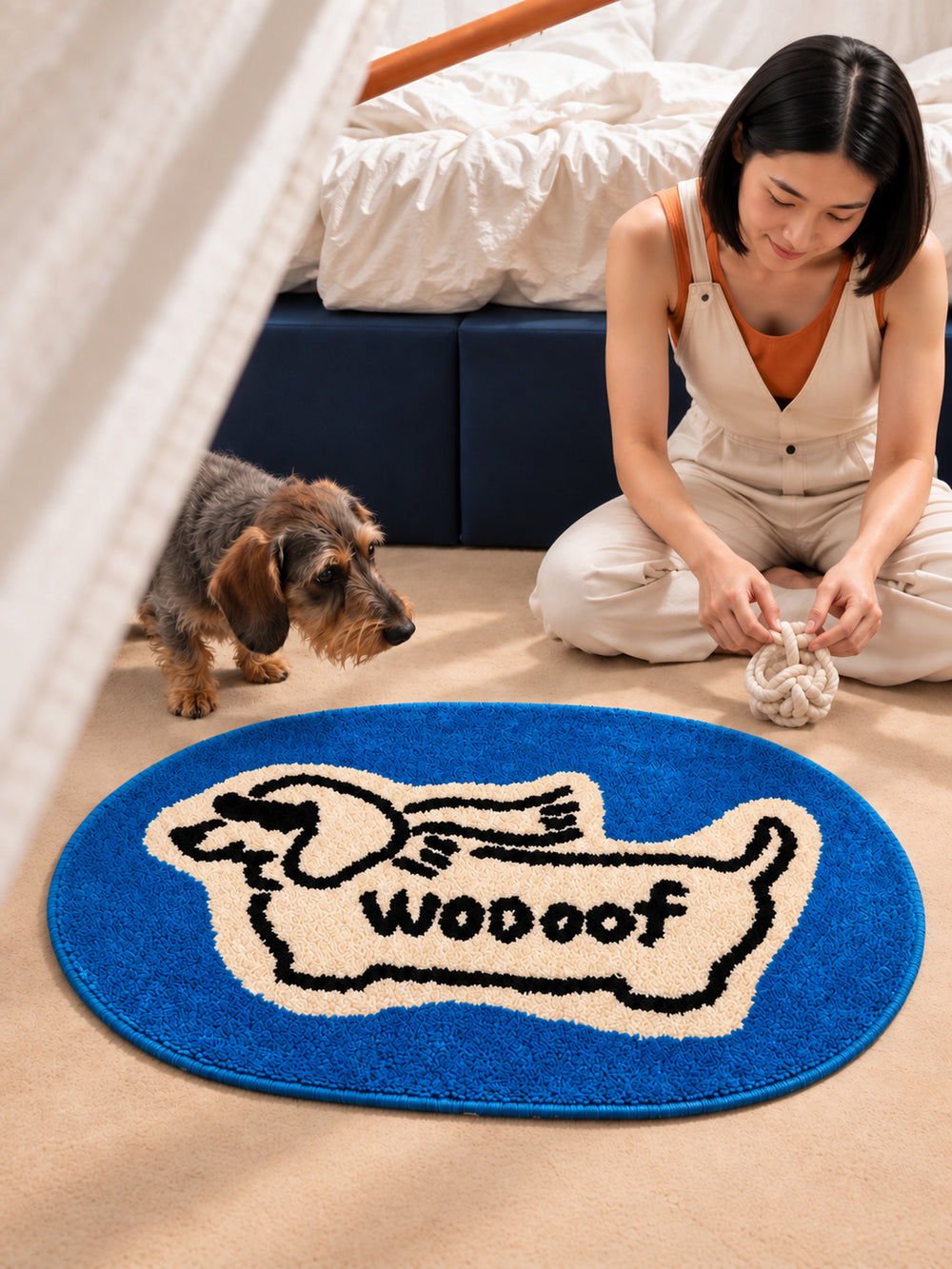 Blue Woof Hound Oval Bath Mat — bedroom scene