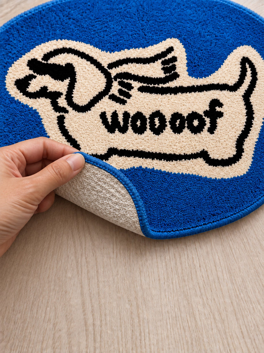 Blue Woof Hound Oval Bath Mat — backing detail