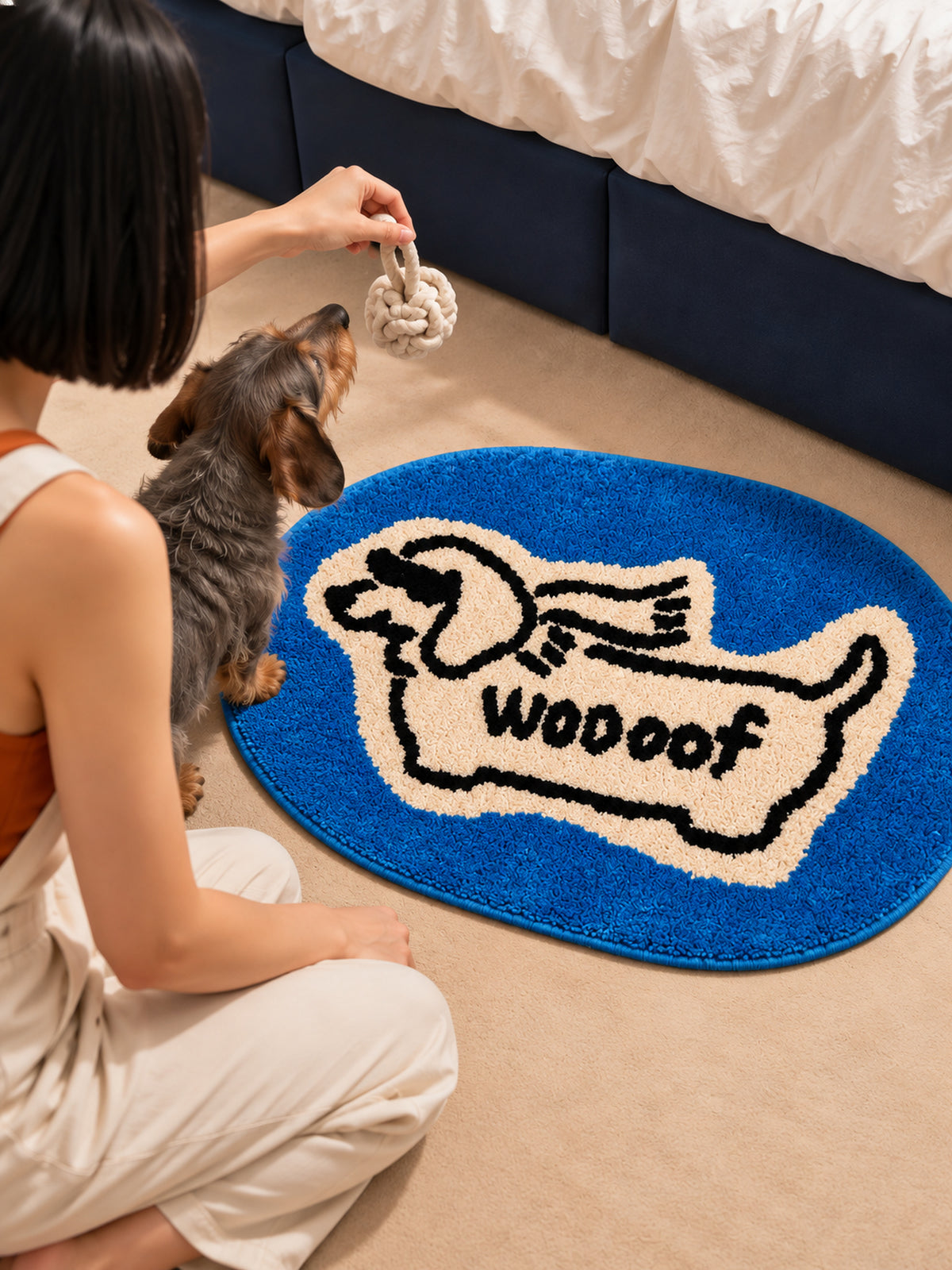 Blue Woof Hound Oval Bath Mat — bedside context detail