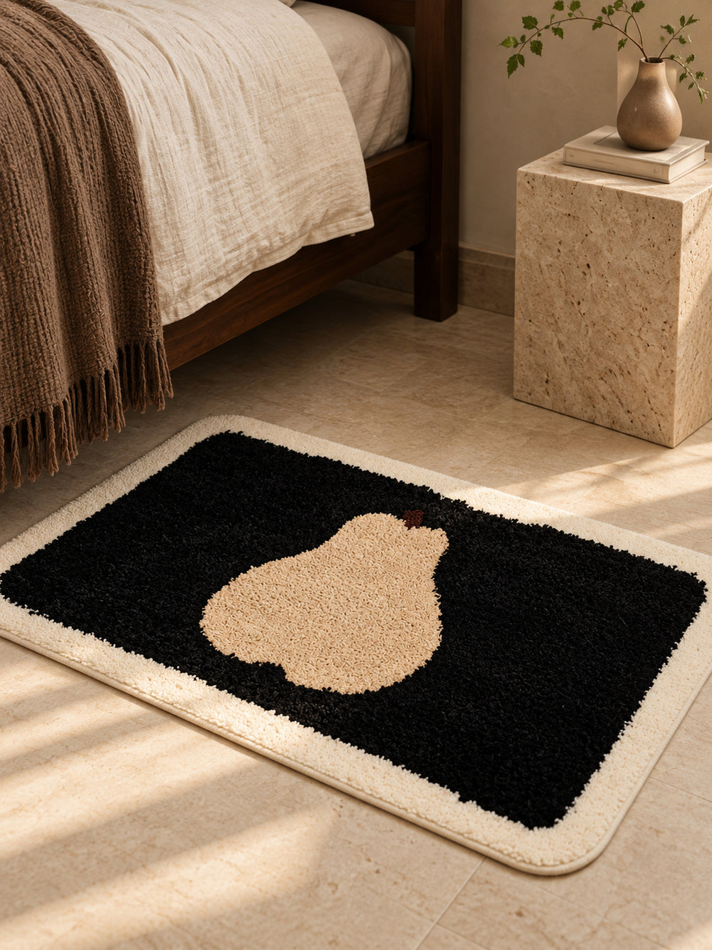 Midnight Pear Silhouette Bath Mat — bedside context detail
