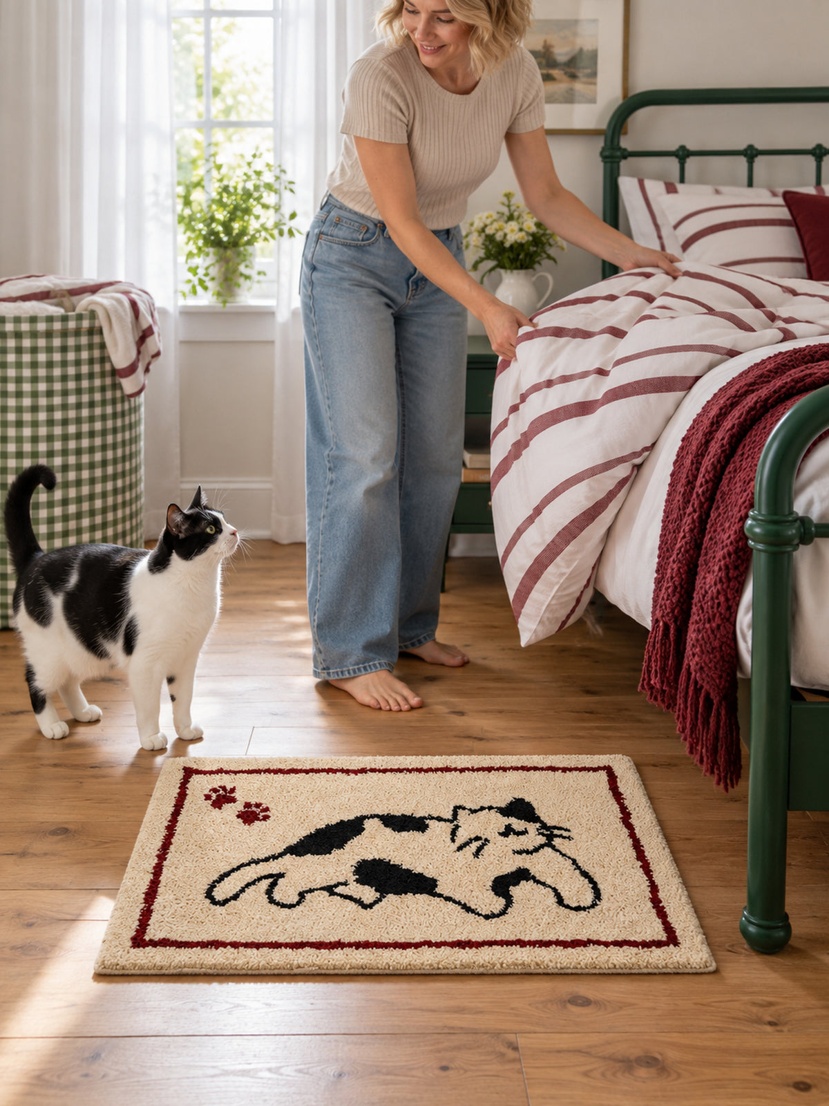 Playful Spotted Cat Framed Bath Mat — bedroom scene