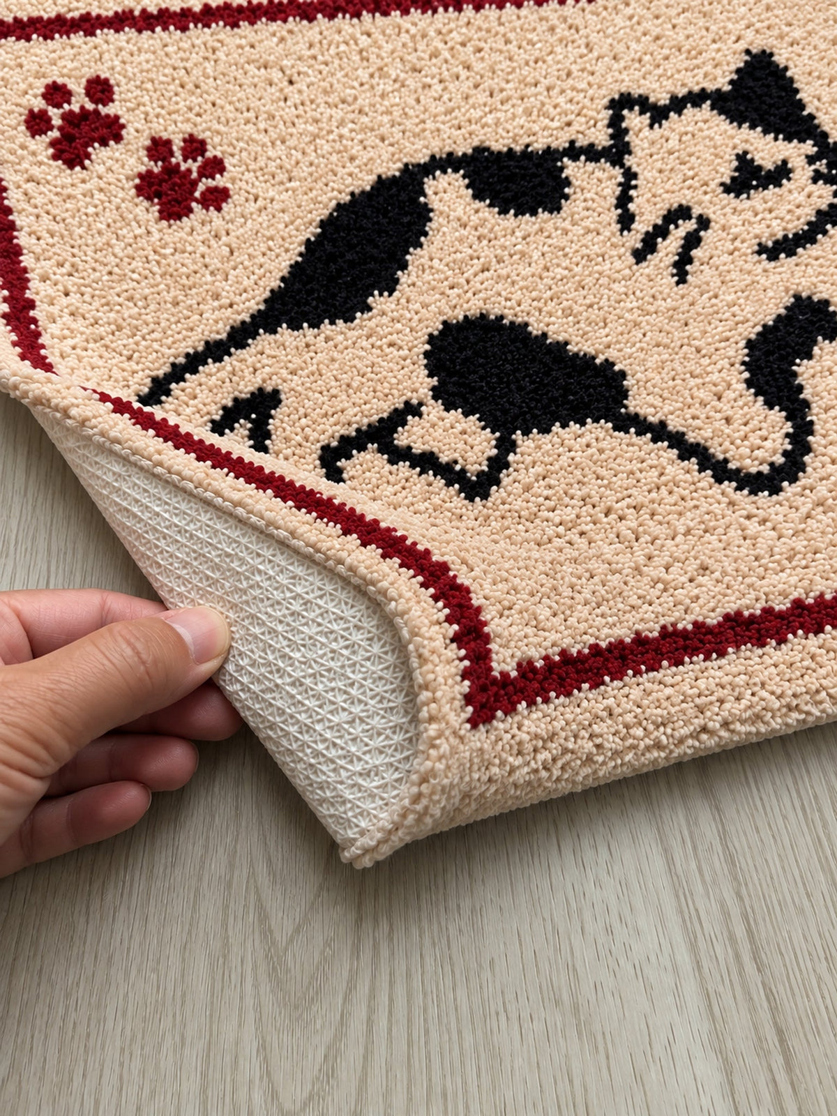 Playful Spotted Cat Framed Bath Mat — backing detail