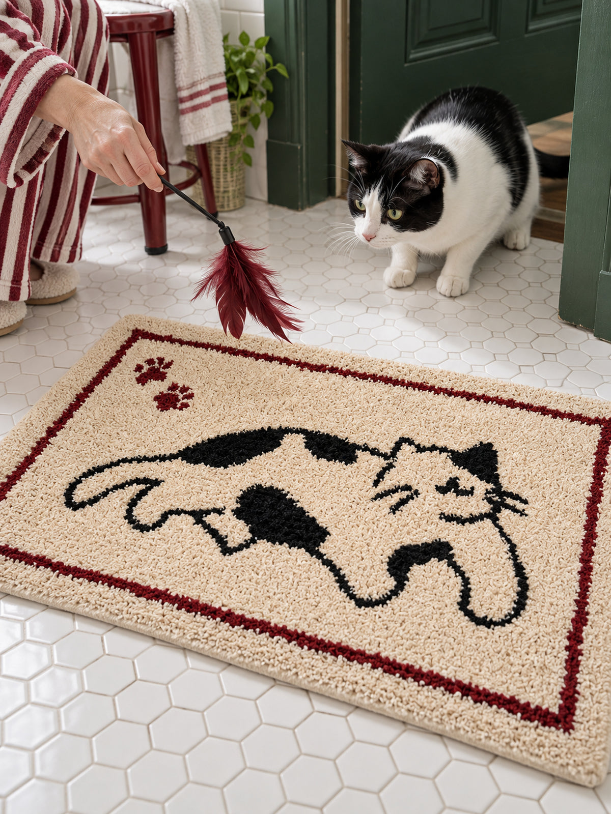 Playful Spotted Cat Framed Bath Mat — bathroom context detail
