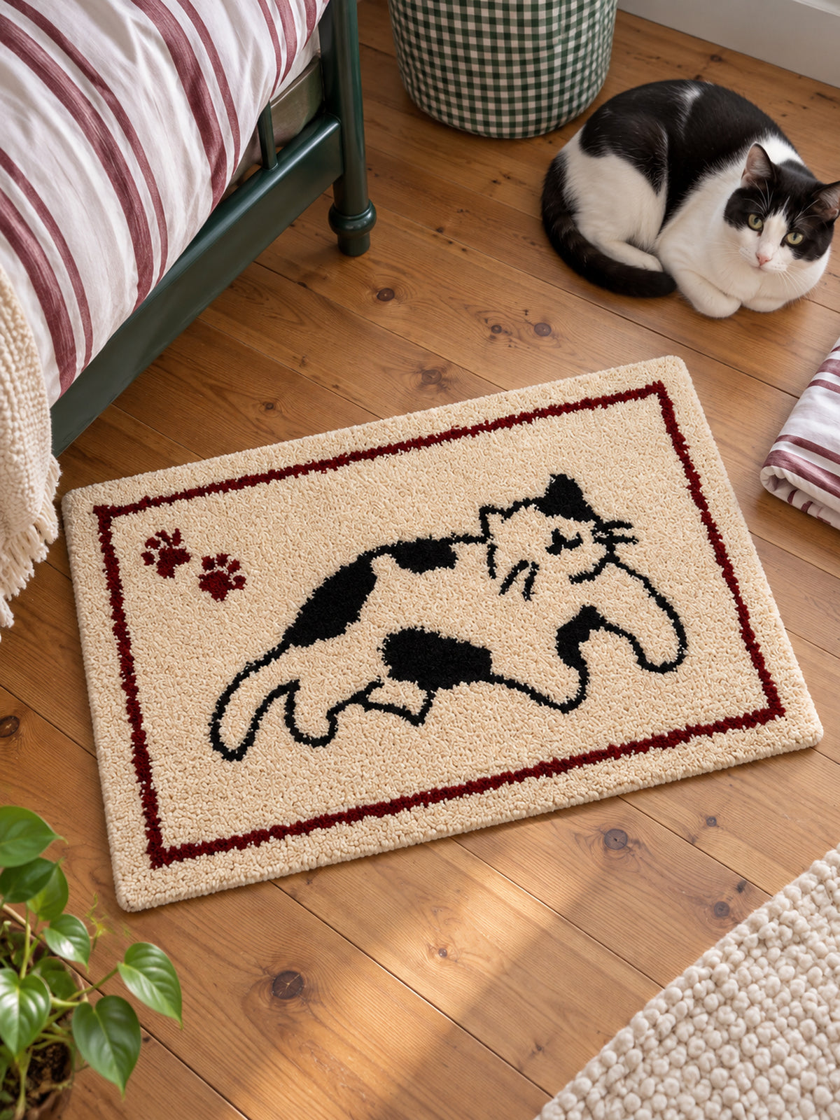 Playful Spotted Cat Framed Bath Mat — bedside context detail