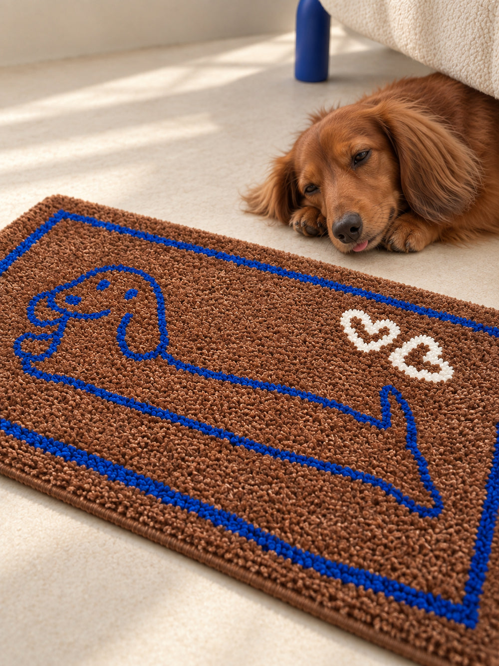 Heartline Dachshund Sketch Bath Mat — bedside context detail