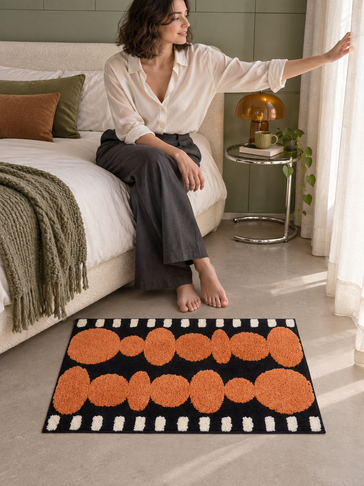 Electric Blue Pebbles Retro Bath Mat — bedroom scene