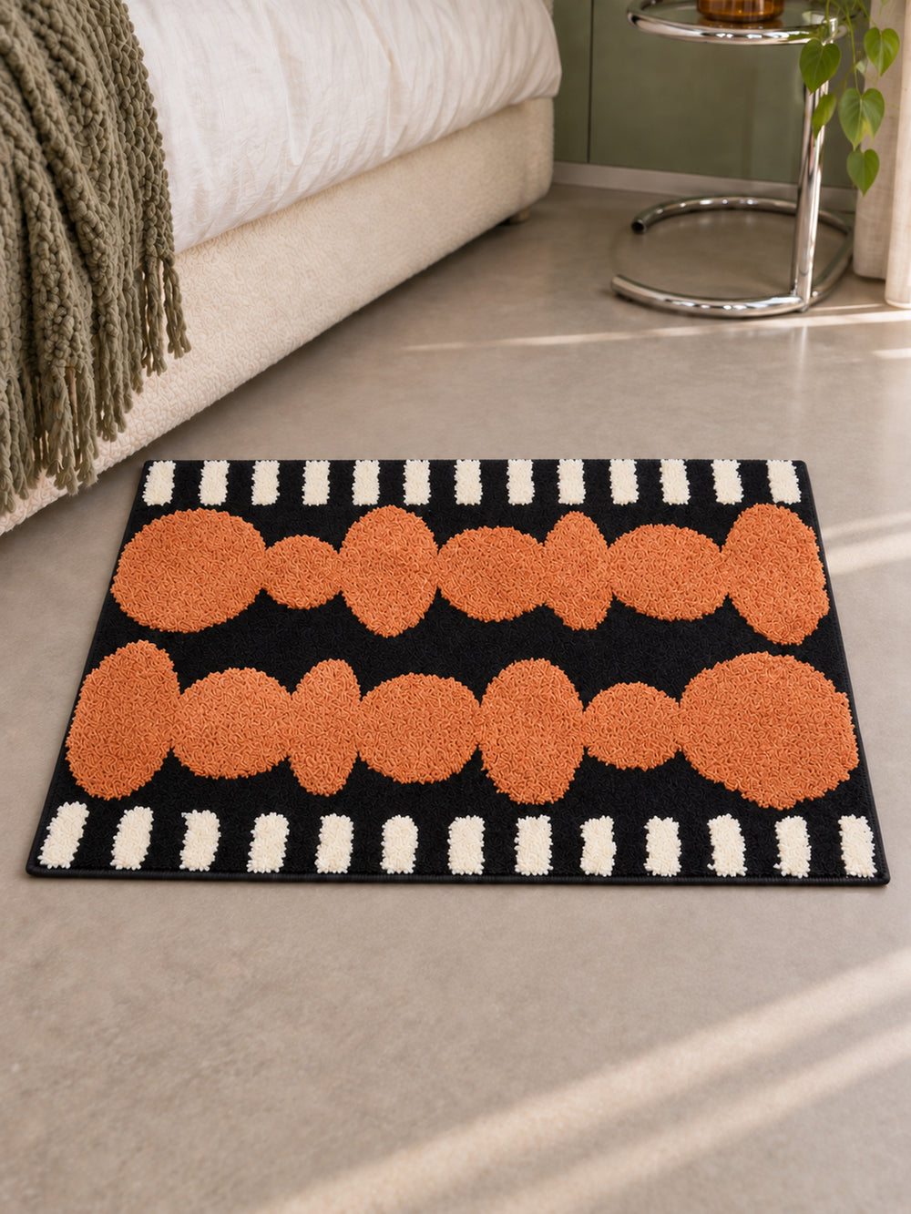 Electric Blue Pebbles Retro Bath Mat — bedside context detail