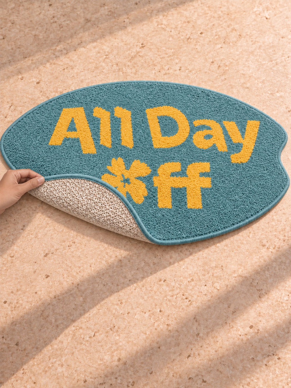 All Day Off Graphic Bath Mat - Blue — backing fold detail