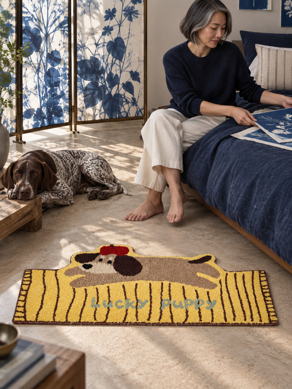 Lucky Puppy Lounger Striped Runner Rug — bedroom scene