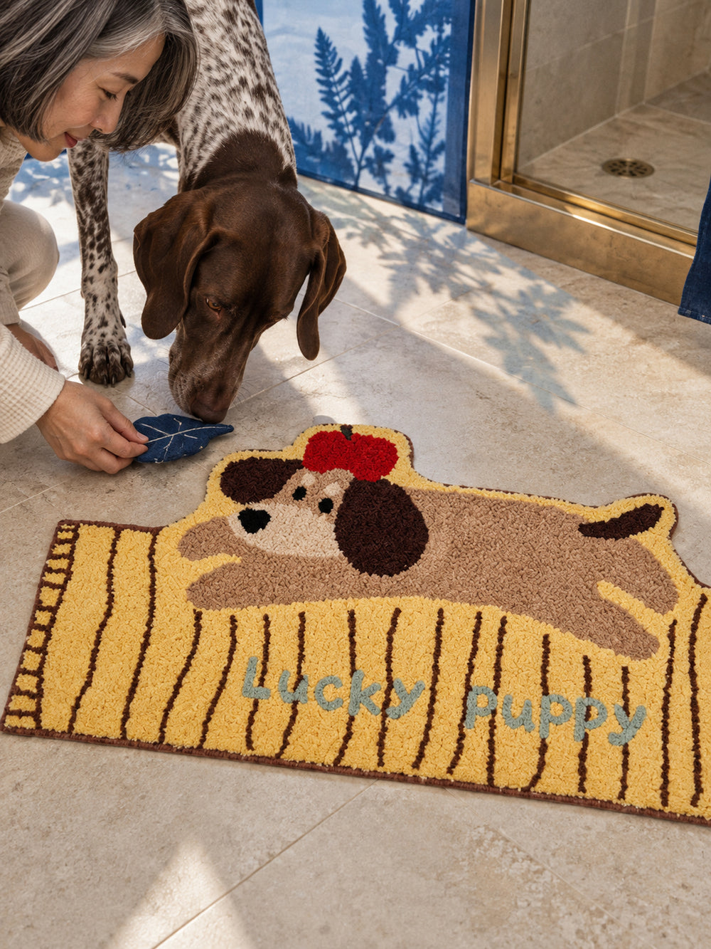 Lucky Puppy Lounger Striped Runner Rug — bathroom context detail