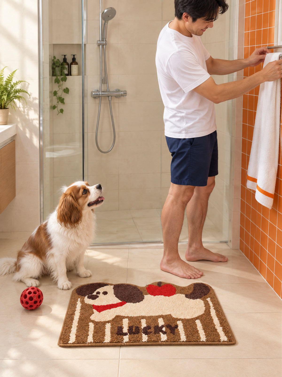 Apple Nap Puppy Striped Bath Mat — bathroom scene