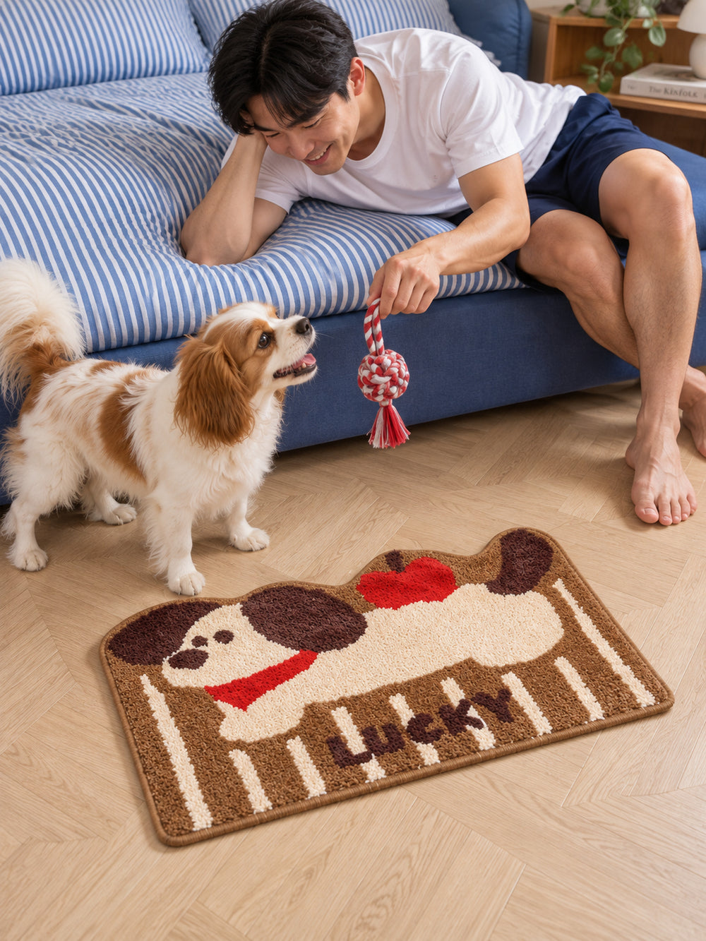 Apple Nap Puppy Striped Bath Mat — bedroom scene