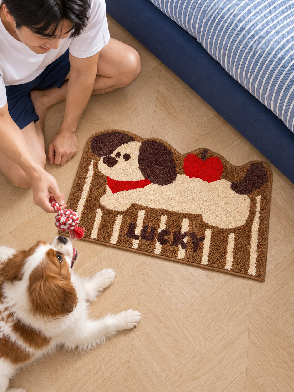 Apple Nap Puppy Striped Bath Mat — bedside context detail
