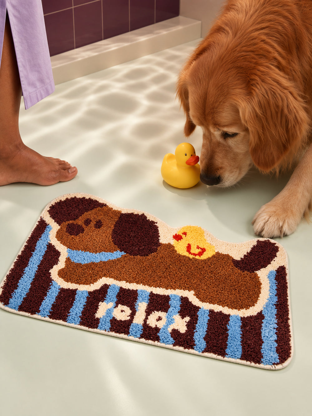 Puppy & Duckling Striped Bath Mat — bathroom context detail