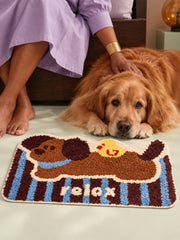 Puppy & Duckling Striped Bath Mat — bedside context detail