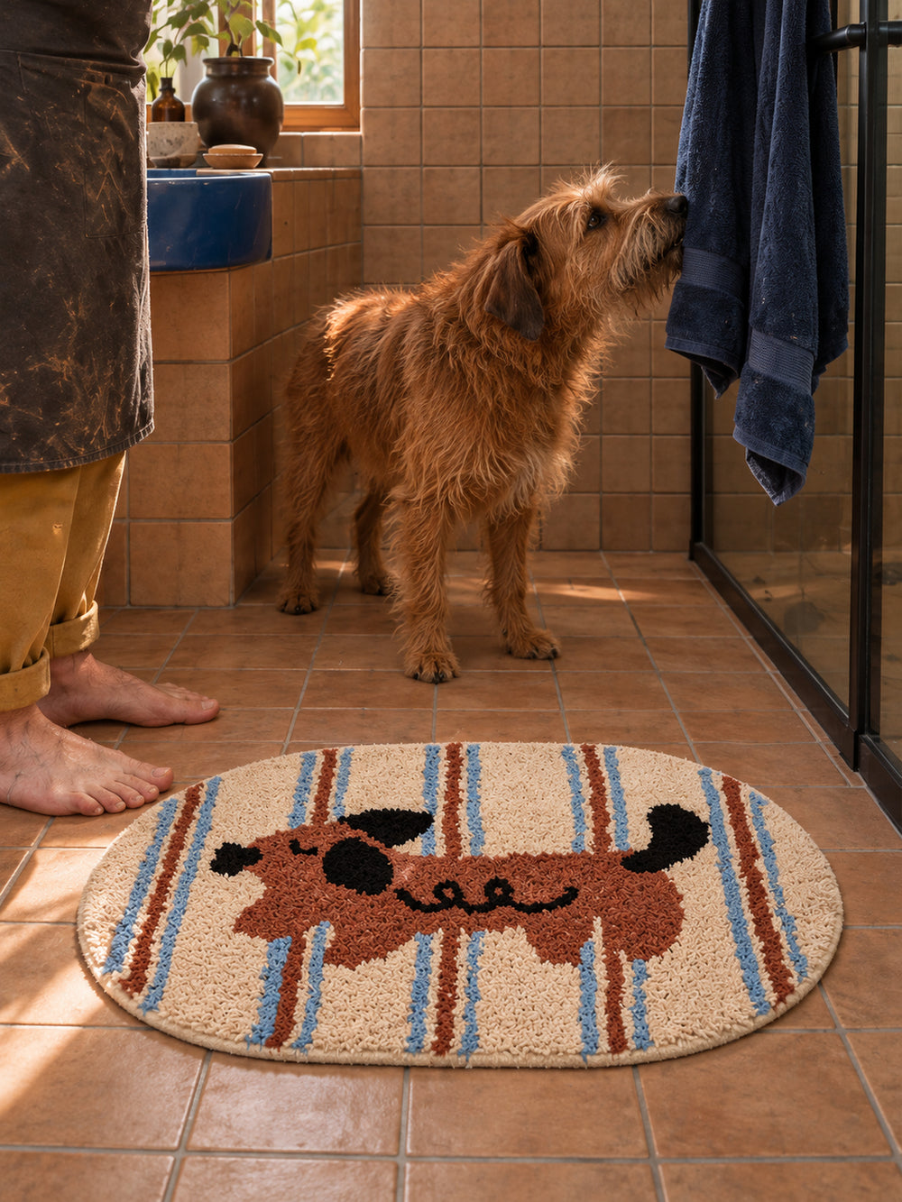 Curly Pup Blue Stripe Bath Mat — bathroom context detail