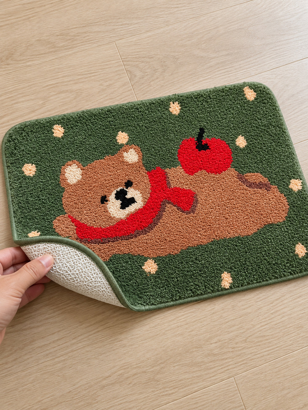 Apple Bear Forest Green Bath Mat — Textured backing