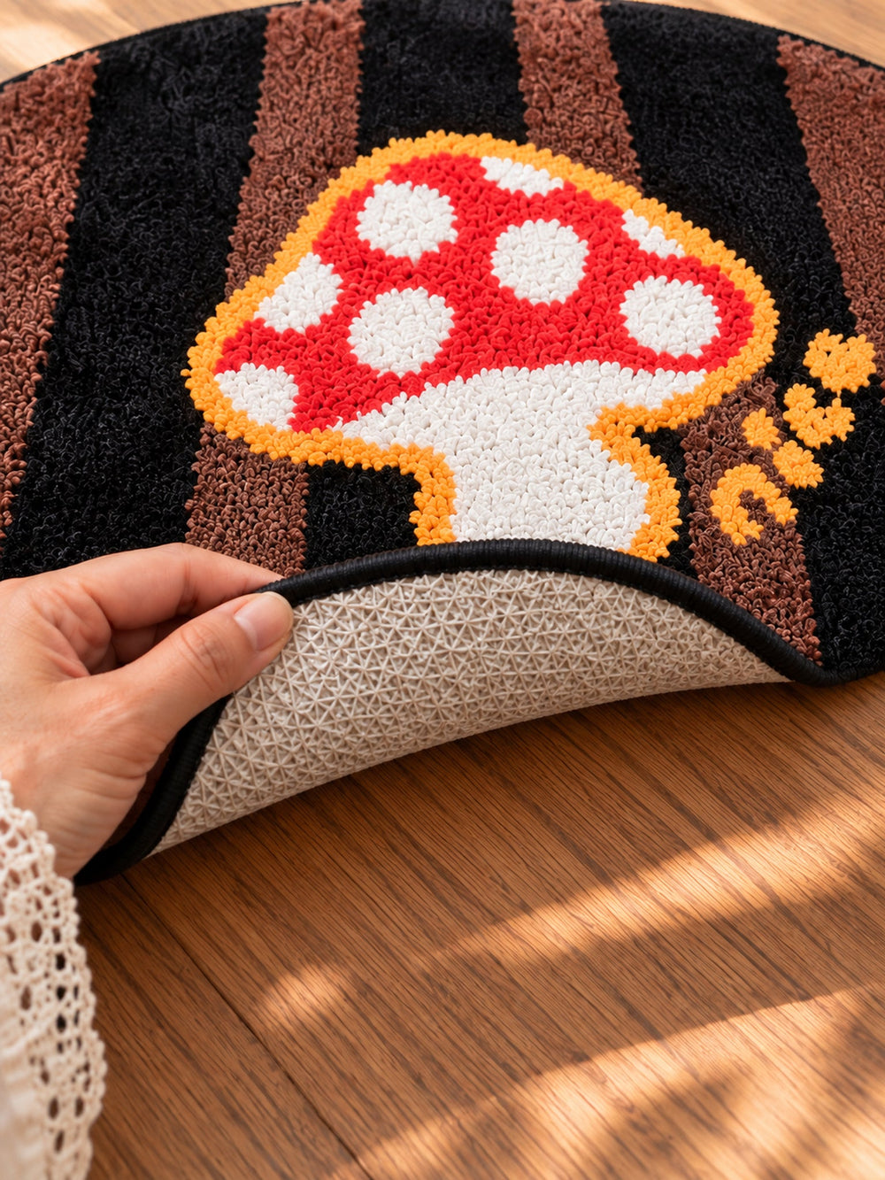Storybook Mushroom Striped Bath Mat — backing detail