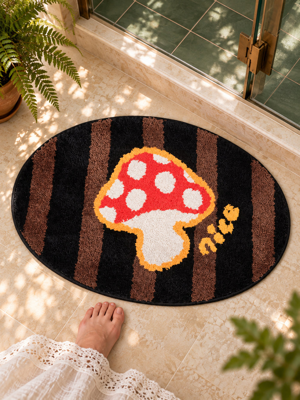 Storybook Mushroom Striped Bath Mat — bathroom context detail
