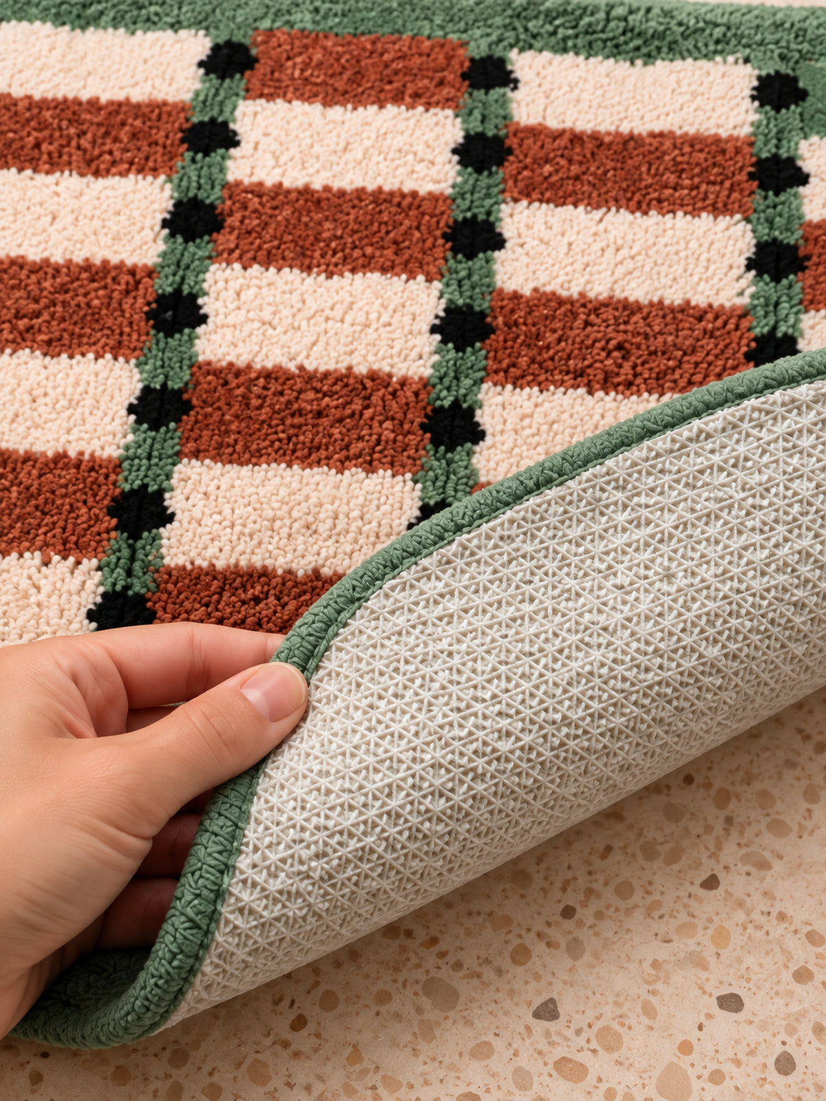 Sage Cocoa Grid Geometric Bath Mat — backing detail