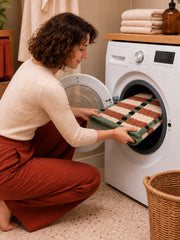 Sage Cocoa Grid Geometric Bath Mat — machine wash