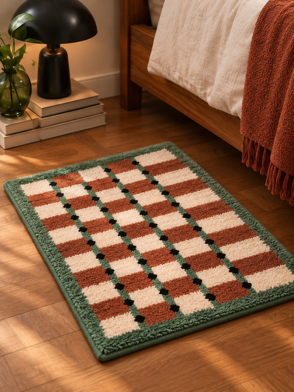 Sage Cocoa Grid Geometric Bath Mat — bedside context detail