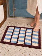 Sage Cocoa Grid Geometric Bath Mat — bathroom context detail