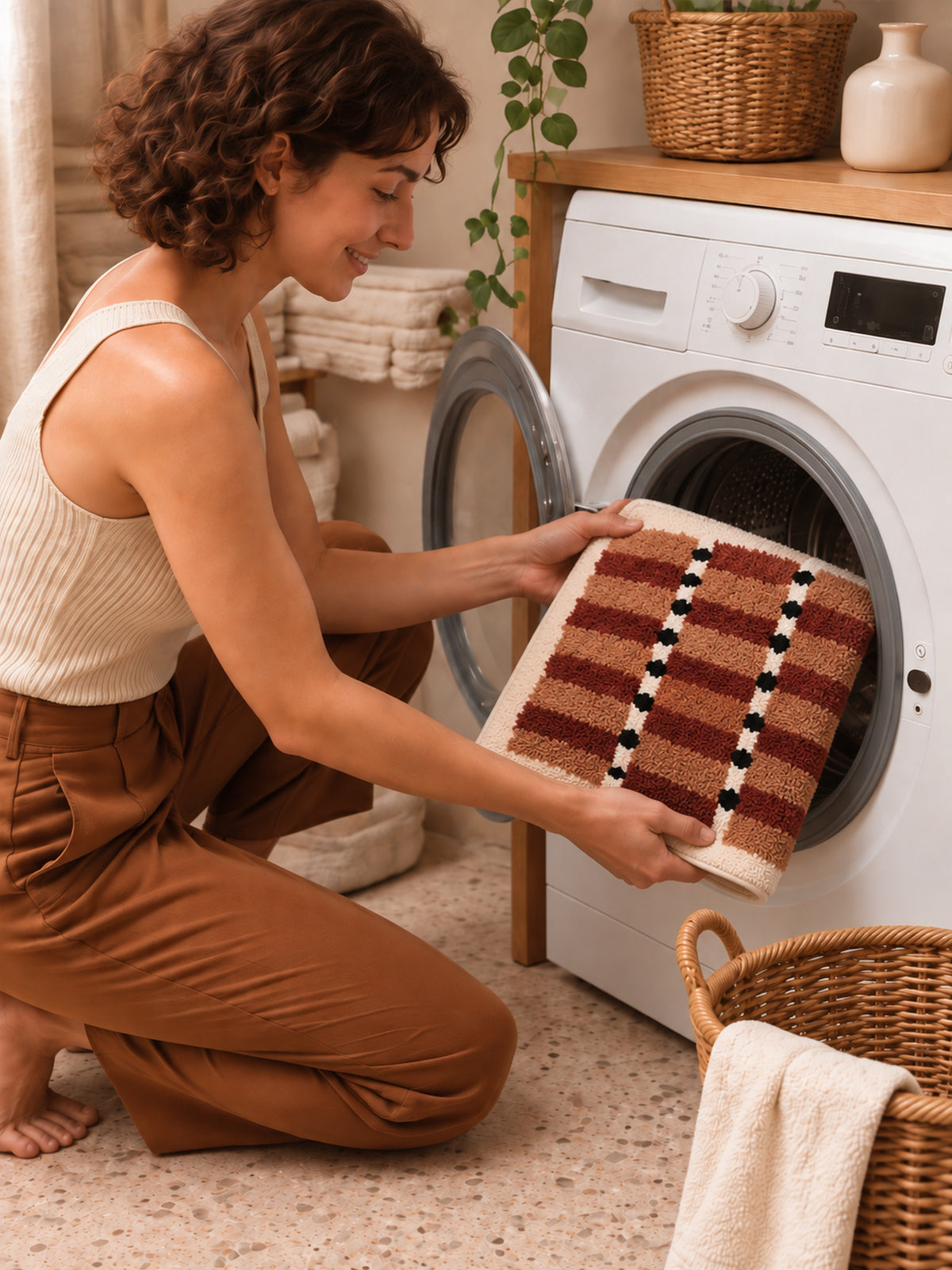 Sage Cocoa Grid Geometric Bath Mat — machine wash