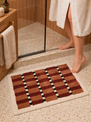 Sage Cocoa Grid Geometric Bath Mat — bathroom context detail