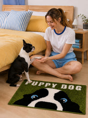 Peekaboo Puppy Green Bath Mat — bedroom scene