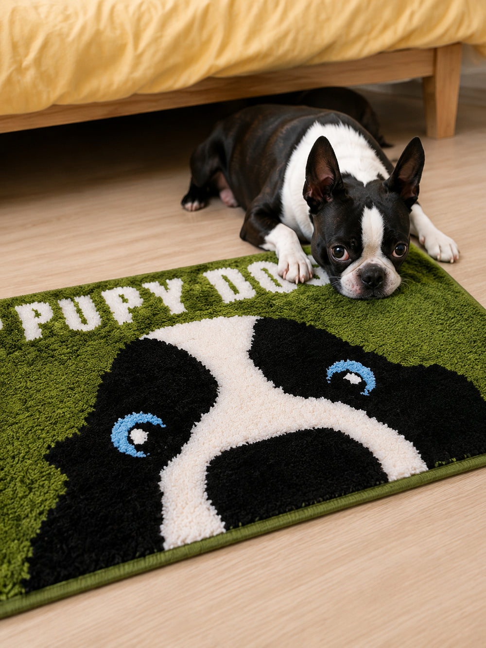 Peekaboo Puppy Green Bath Mat — bedside context detail