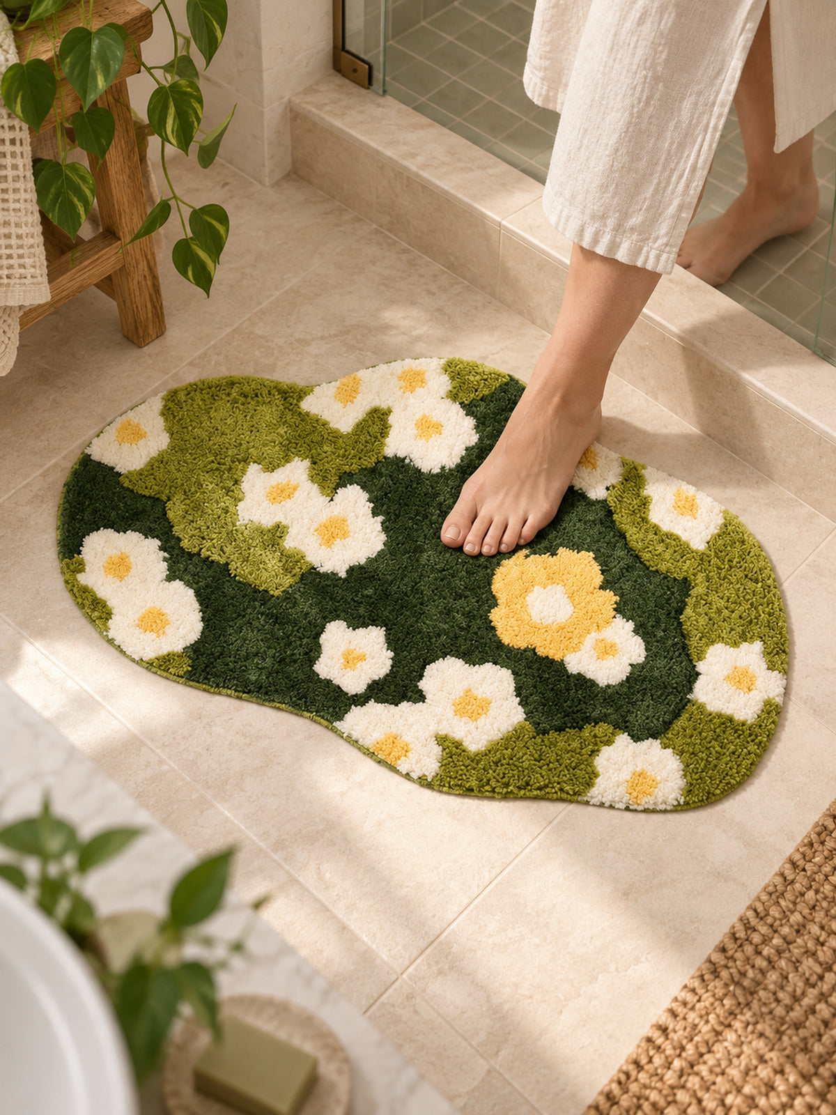 Daisy Meadow Floral Bath Mat - Green — Bathroom close-up