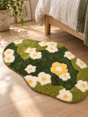 Daisy Meadow Floral Bath Mat - Green — Bedside close-up