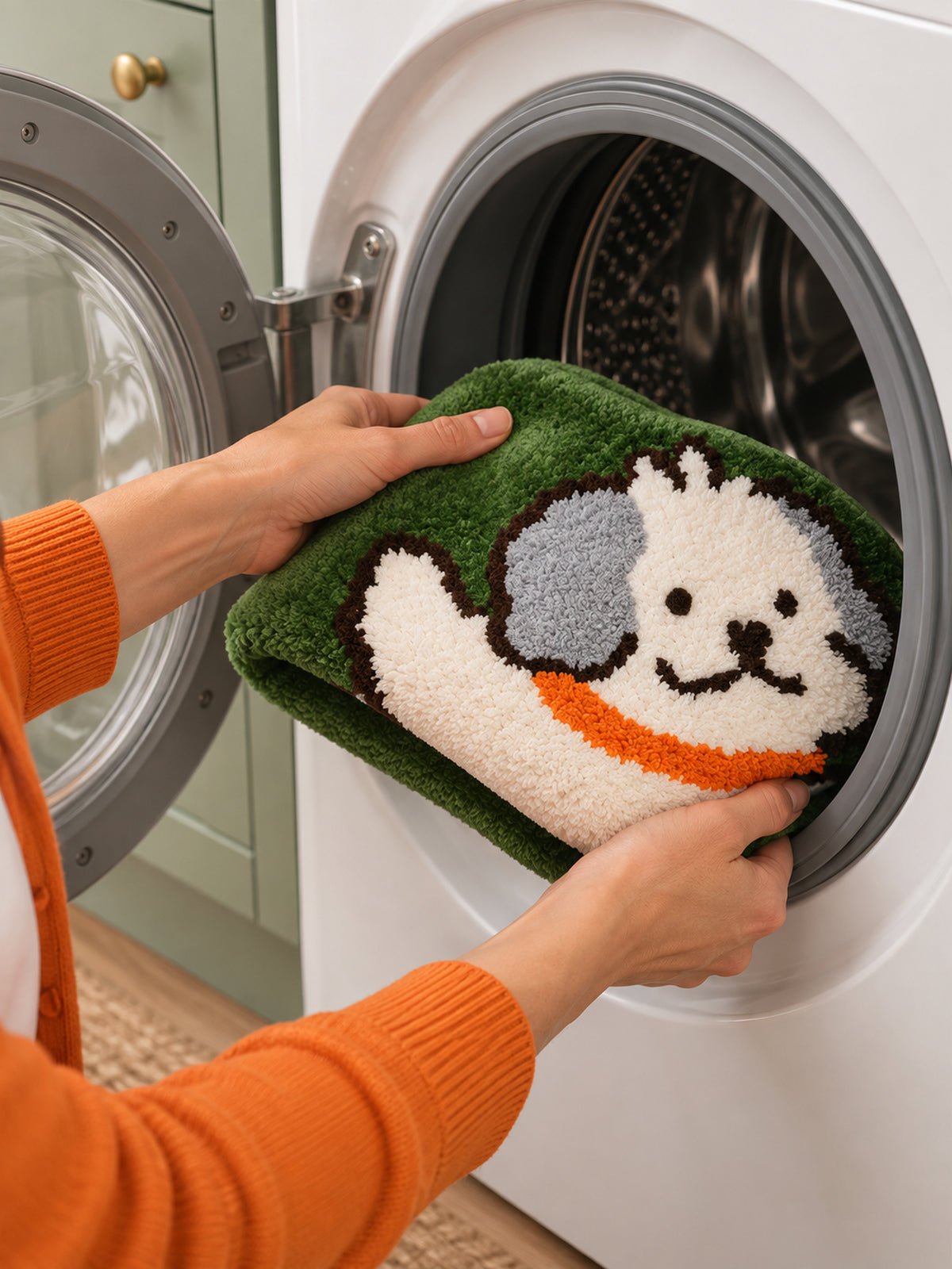 Clover Meadow Pup Shaped Bath Mat — Care scene