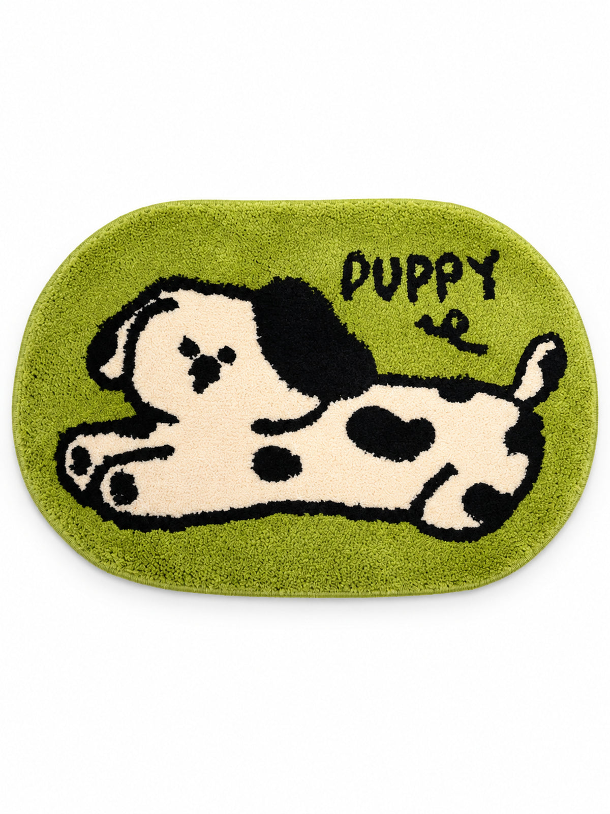 Stretching Spotted Puppy Bath Mat - Green on a white background