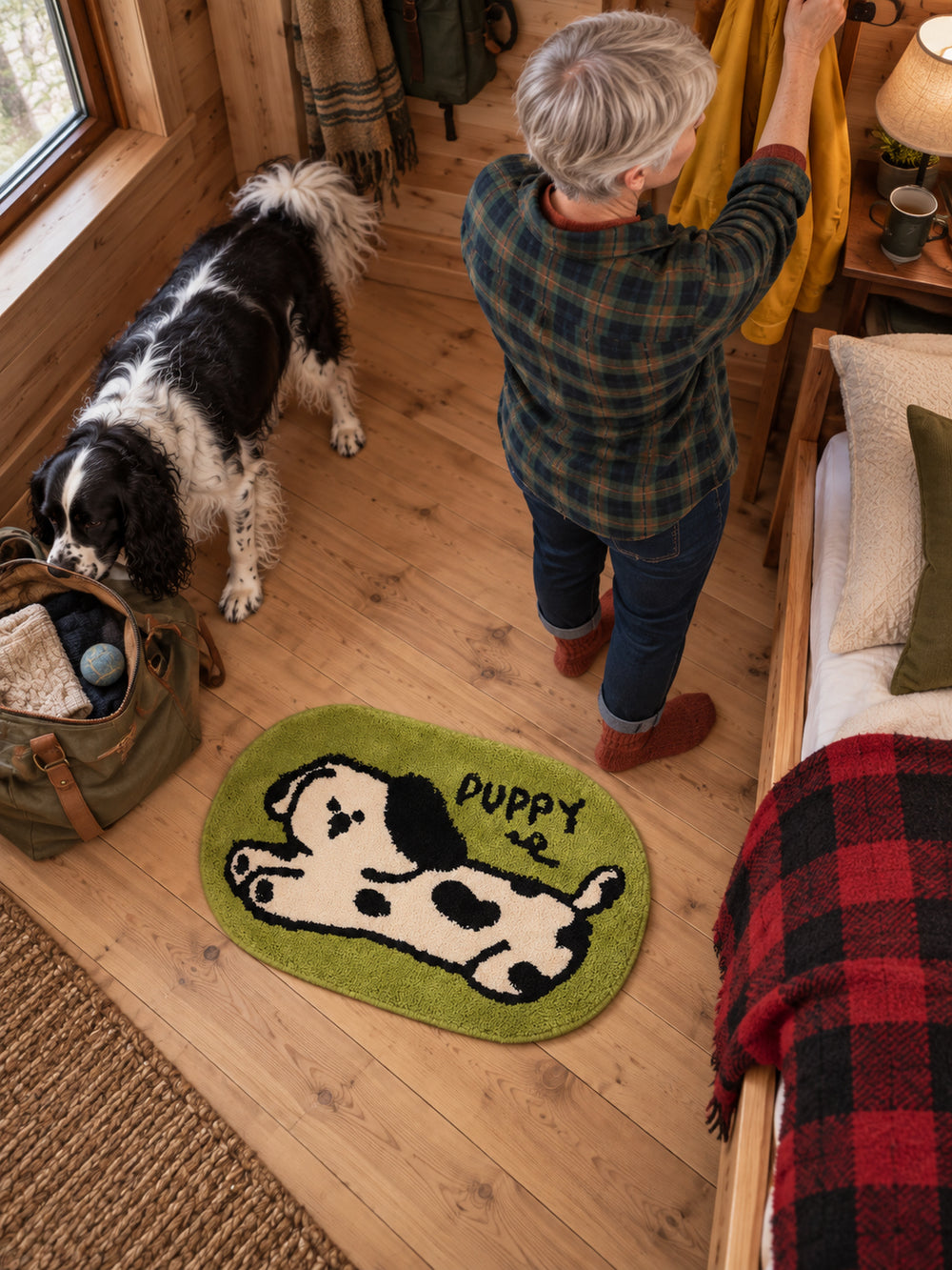 Stretching Spotted Puppy Bath Mat - Green — bedroom scene