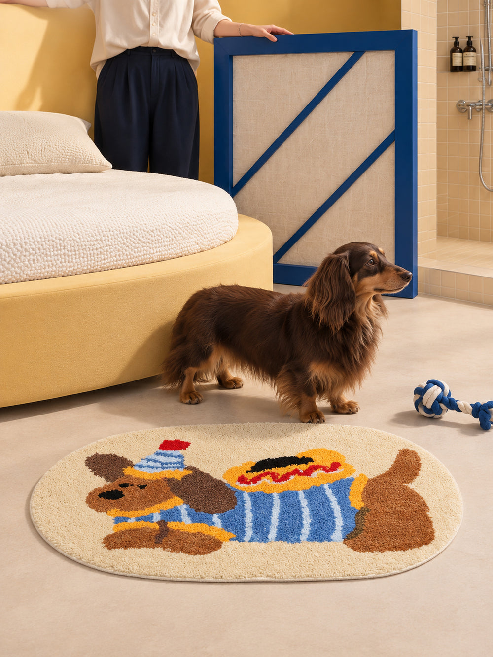 Hot Dog Dachshund Oval Bath Mat — bedroom scene