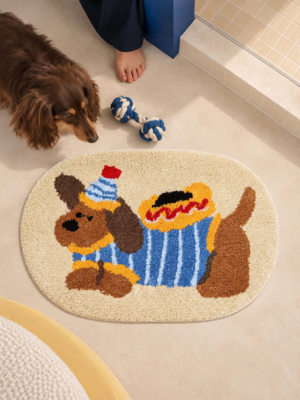 Hot Dog Dachshund Oval Bath Mat — bathroom context detail