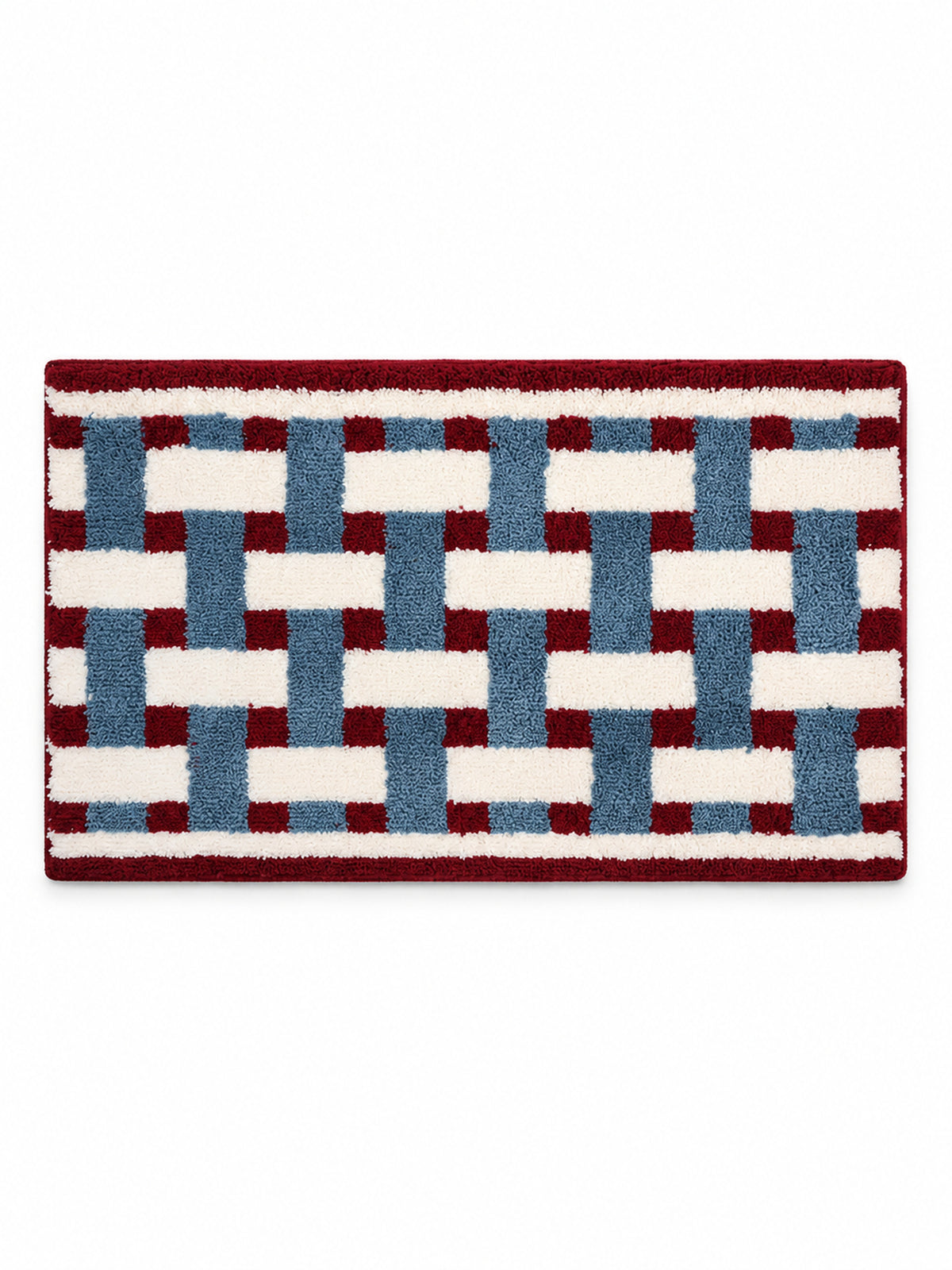 Burgundy & Blue Basketweave Pattern Bath Mat on a white background