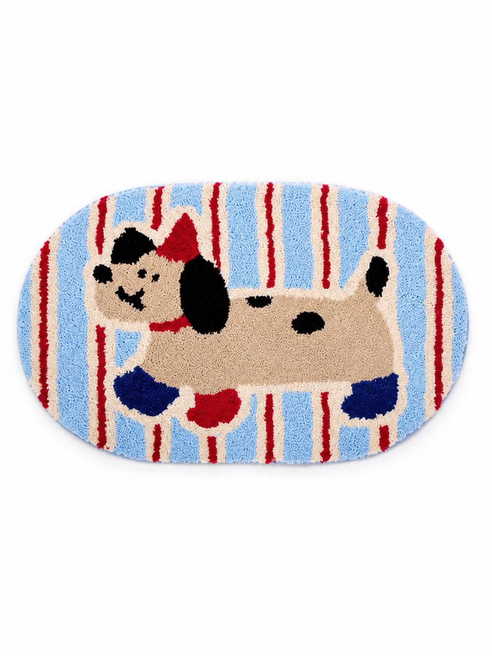 Playful Pup Striped Bath Mat - Blue & Red on a white background