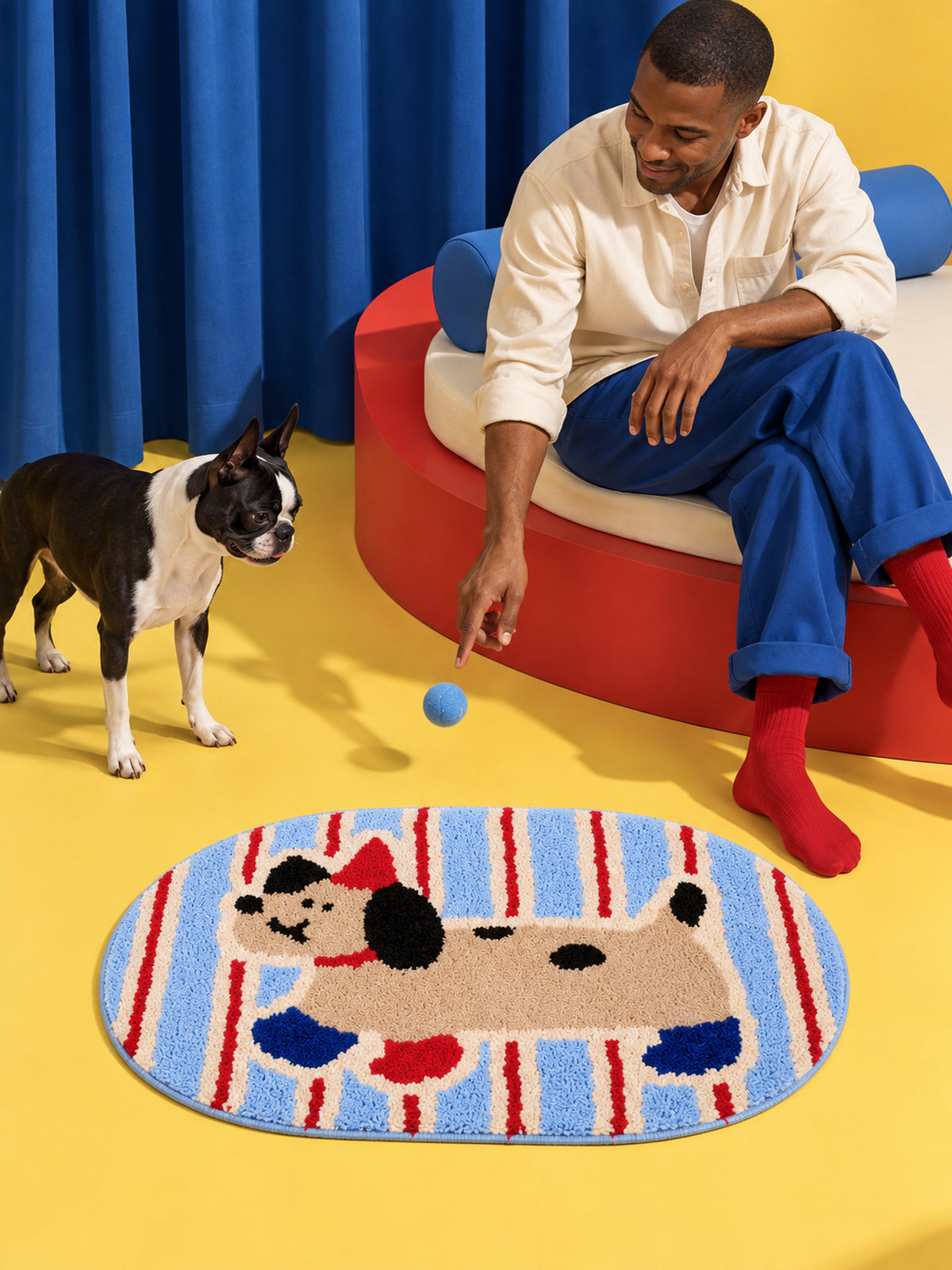 Blue and red striped playful pup mat, 50 x 80 cm, beside a seated person and dog in a yellow and blue room.