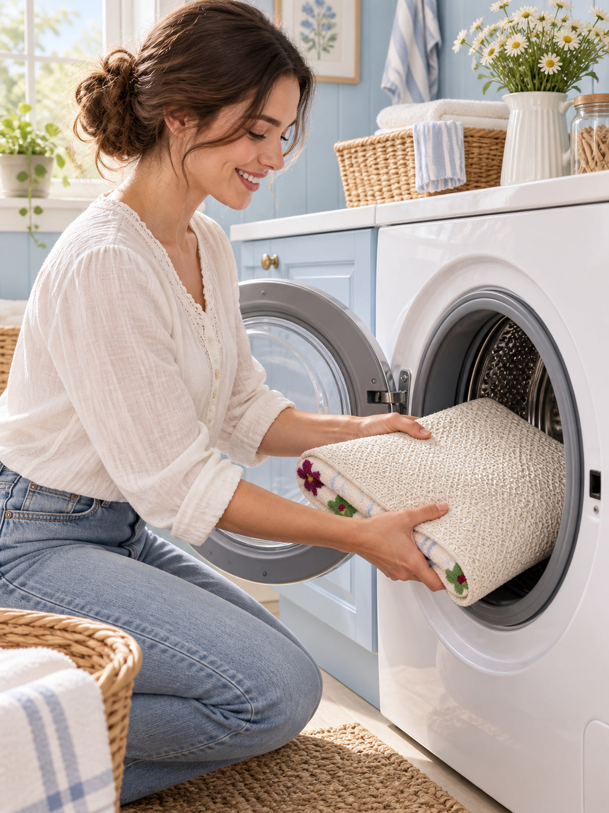 Garden Bows and Blooms checkered mat, 50 x 80 cm, being placed into a front-loading washing machine.