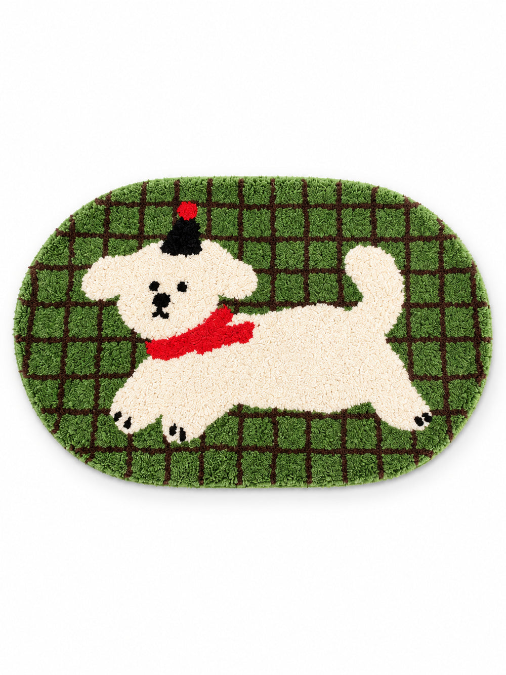 Green Plaid Puppy Oval Bath Mat on a white background