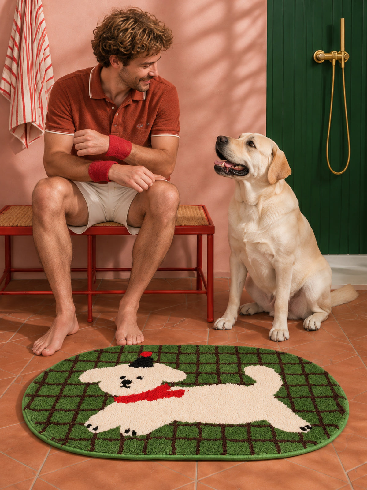 Green Plaid Puppy Oval Bath Mat — bathroom scene